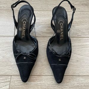 Vintage Chanel Black Suede Slingback Heels Size 35